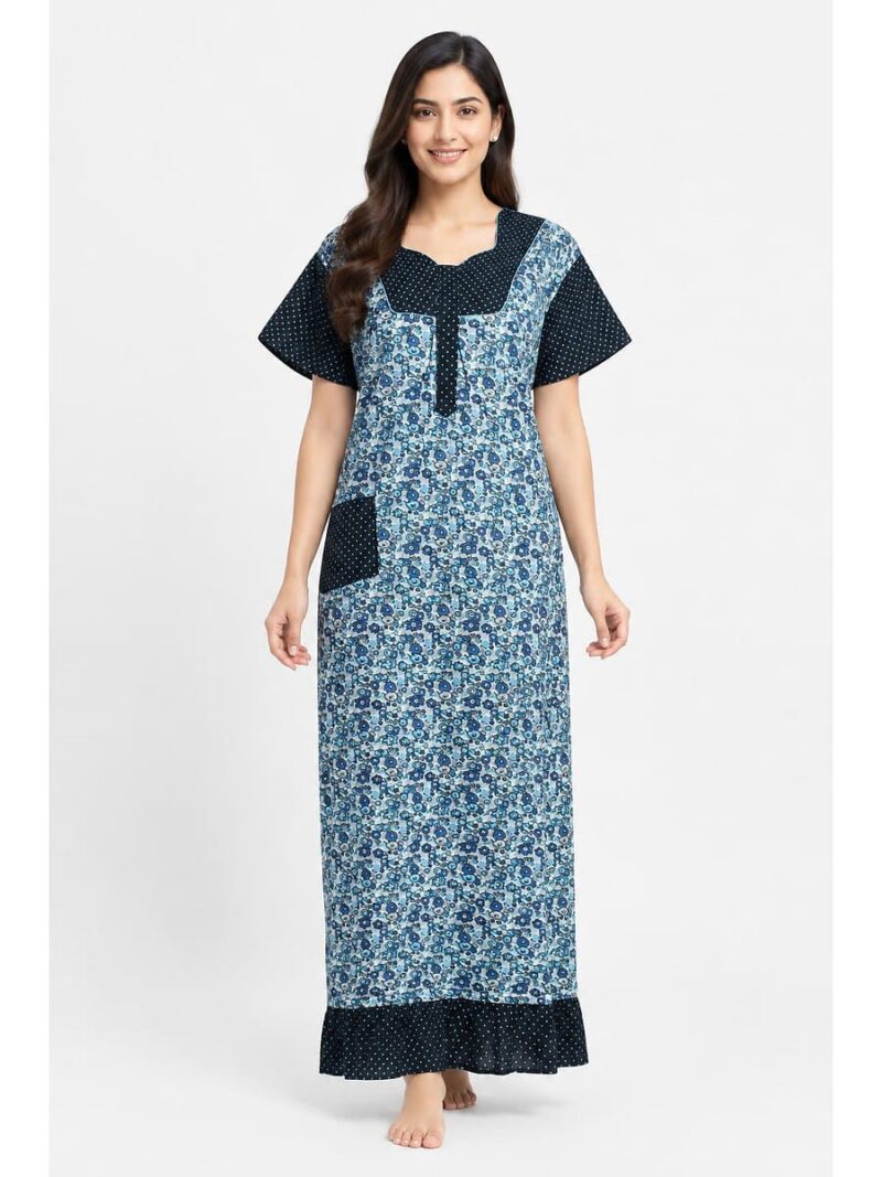 W-NY-623-02-BL-XXL_front Women's Cotton Full-Length Frock Nighty - Blue