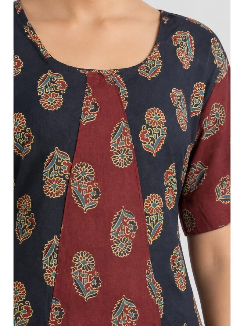 Women's Cotton Ajrakh Frock Nighty – Maroon & Navy Blue