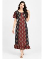 Women's Cotton Ajrakh Frock Nighty – Maroon & Navy Blue