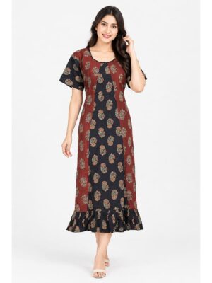 Women's Cotton Ajrakh Frock Nighty – Maroon & Navy Blue