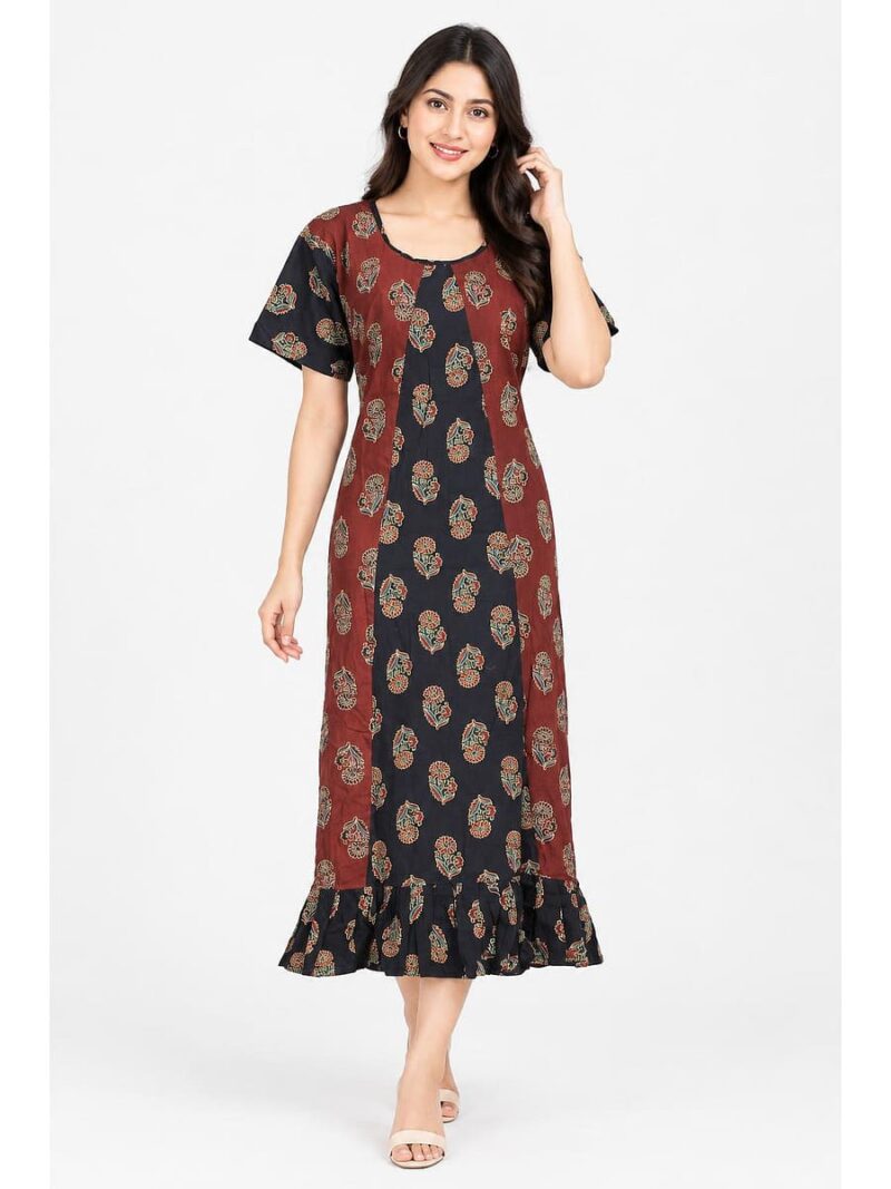 W-NY-625-02-MR-XL_front Women's Cotton Ajrakh Frock Nighty – Maroon & Navy Blue
