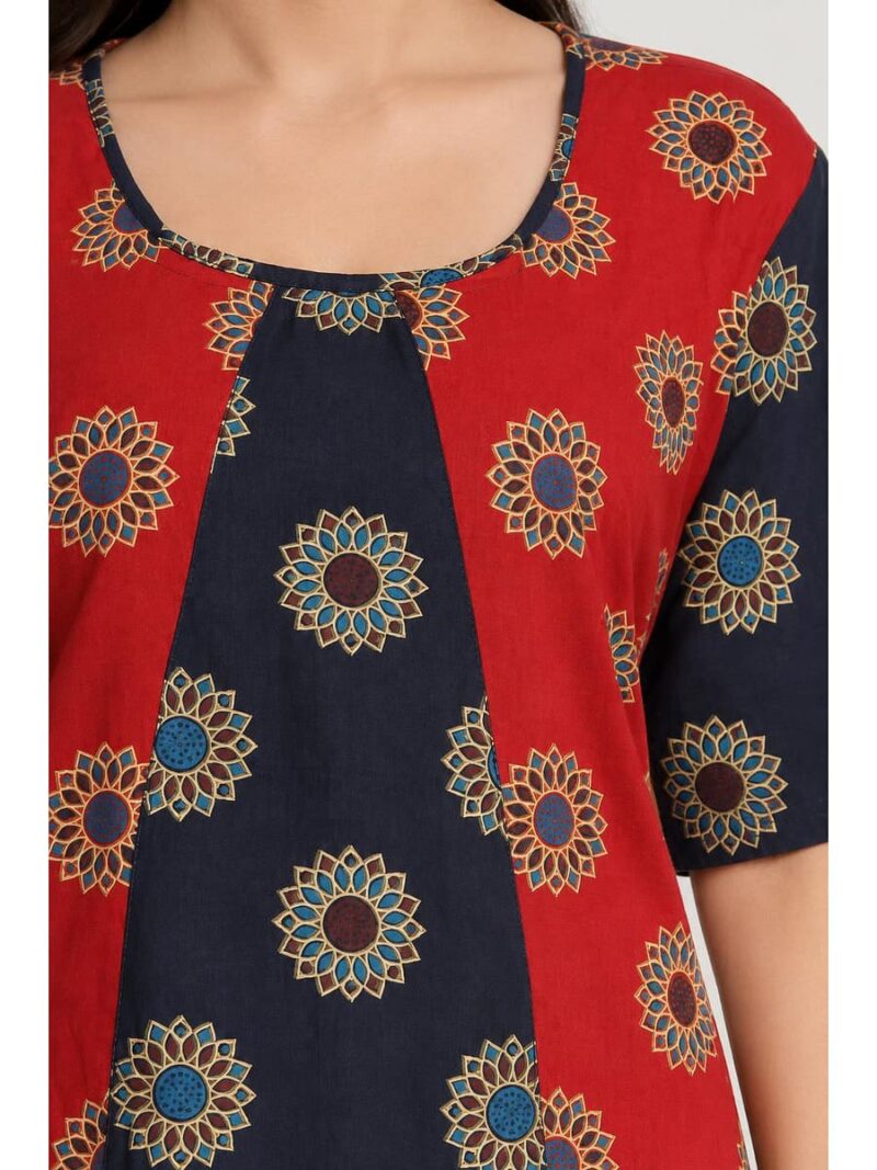 Women's Cotton Ajrakh Frock Nighty – Red & Navy Blue