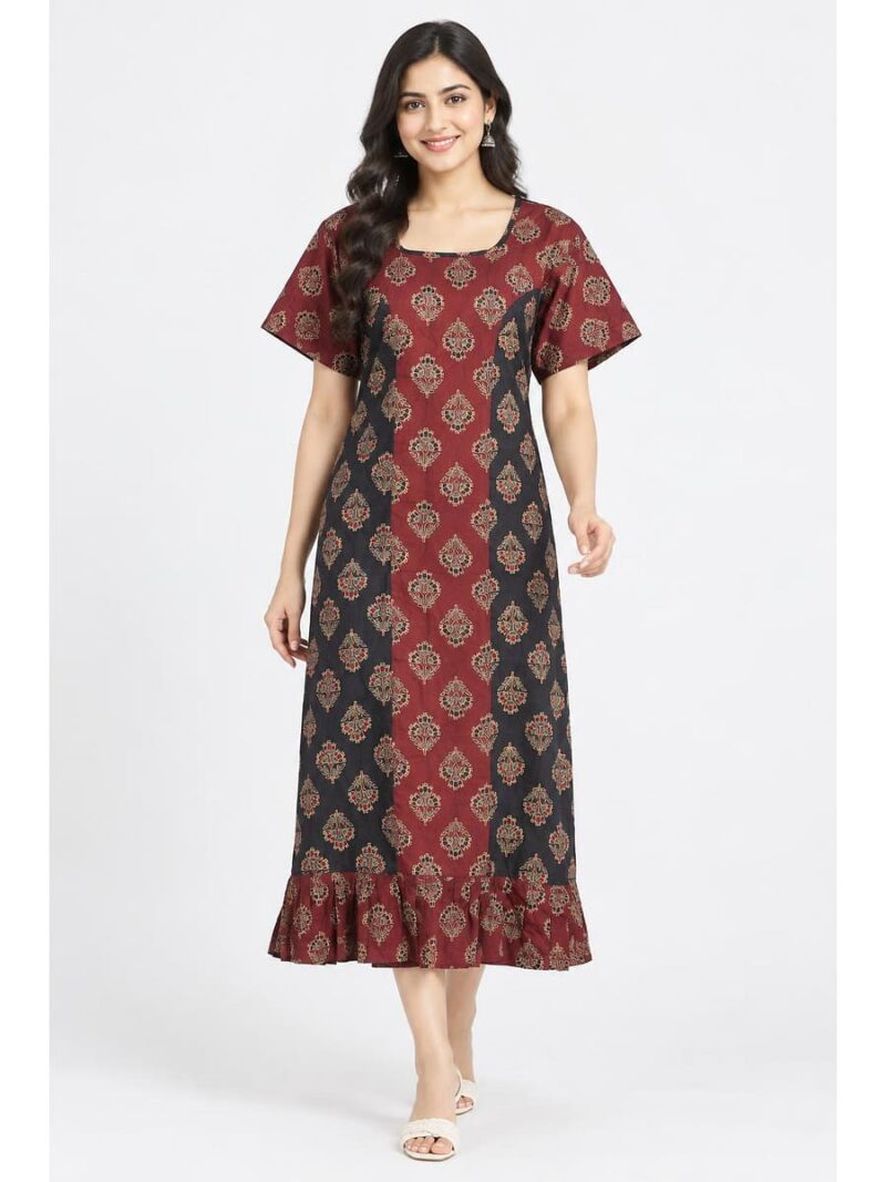 W-NY-625-05-NB-XL_front Women's Cotton Ajrakh Frock Nighty – Navy Blue & Maroon