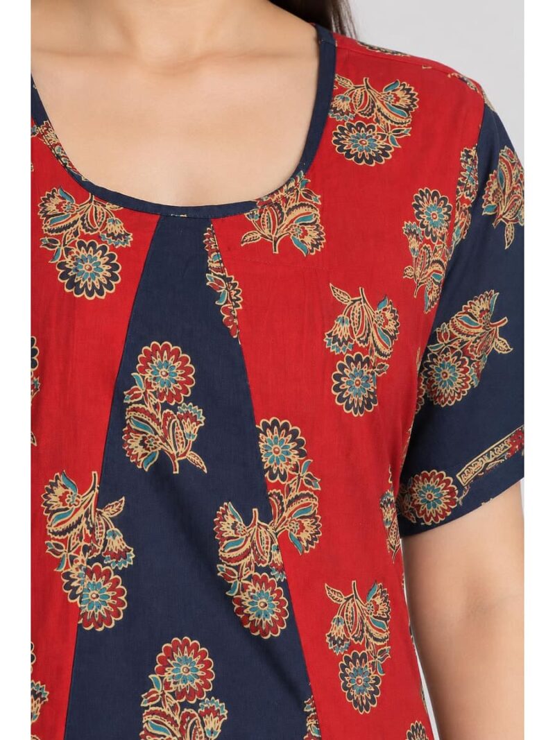 Women's Cotton Ajrakh Frock Nighty – Red & Navy Blue