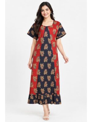 Women's Cotton Ajrakh Frock Nighty – Red & Navy Blue