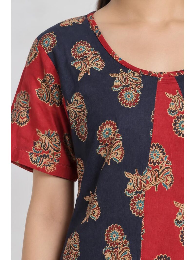 Women's Cotton Ajrakh Frock Nighty – Navy Blue & Red