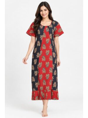Women's Cotton Ajrakh Frock Nighty – Navy Blue & Red