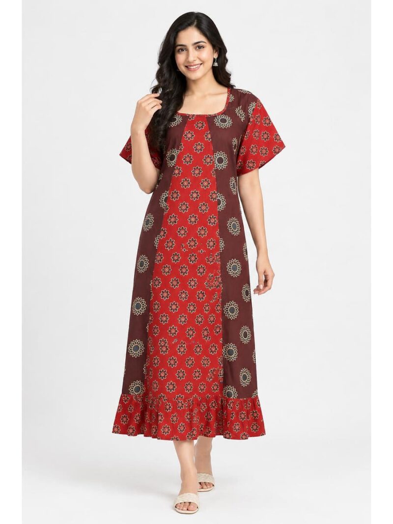 W-NY-625-09-MR-XL_front Women's Cotton Ajrakh Frock Nighty – Maroon & Red