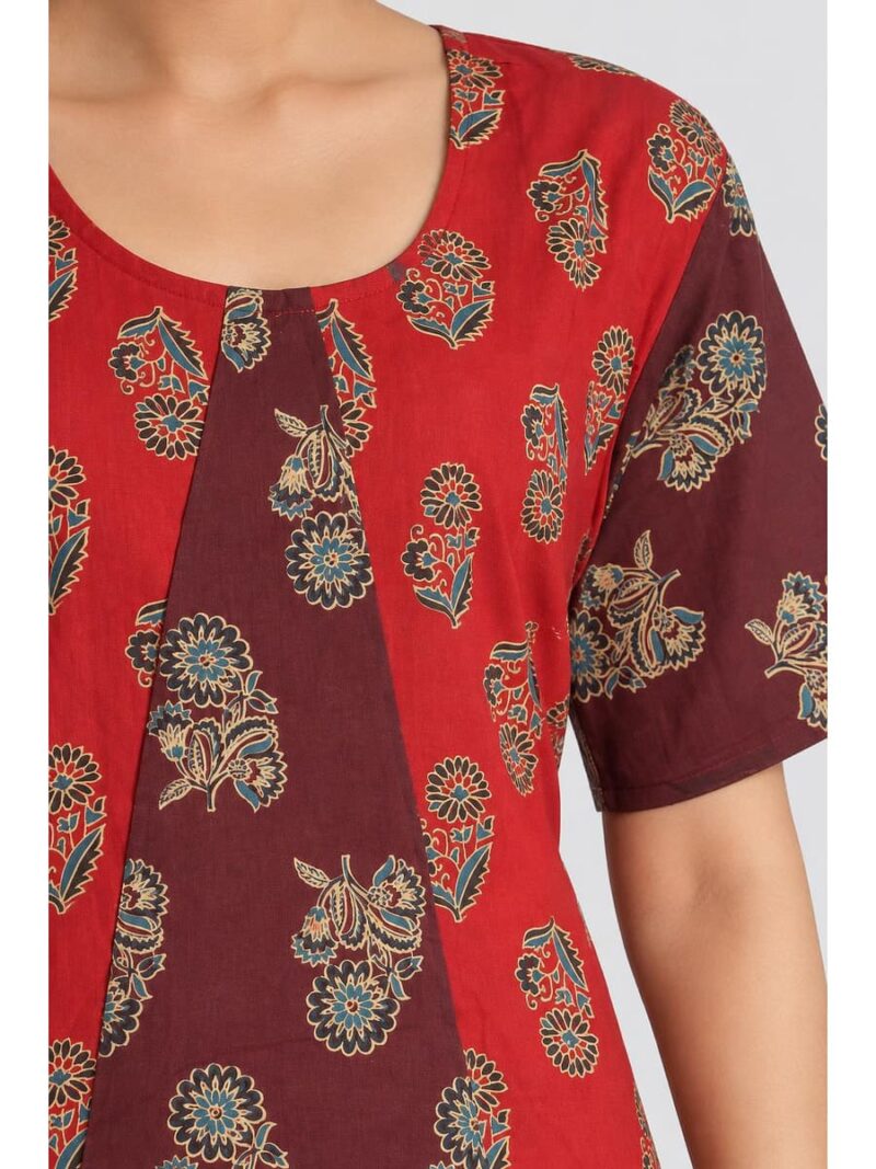 Women's Cotton Ajrakh Frock Nighty – Red & Maroon