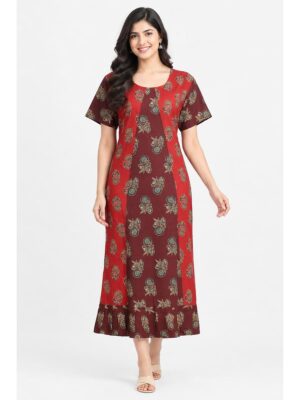 Women's Cotton Ajrakh Frock Nighty – Red & Maroon