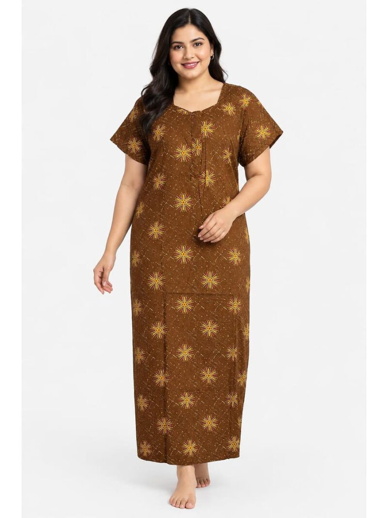 W-NY-626-02-BR-3XL_front Women's Cotton Plus Size Printed Nighty – Brown