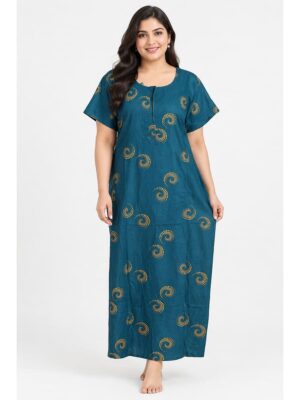 Women's Cotton Plus Size Printed Nighty – Teal