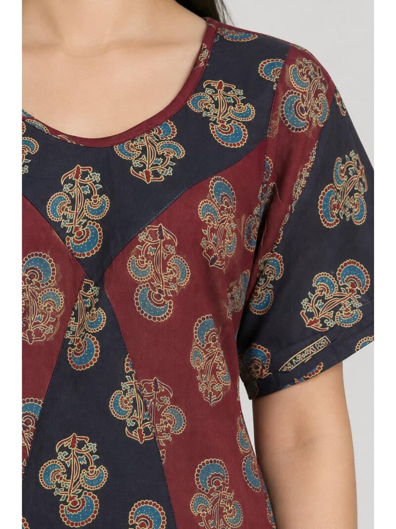 Women's Cotton Ajrakh Frock Nighty – Red & Maroon