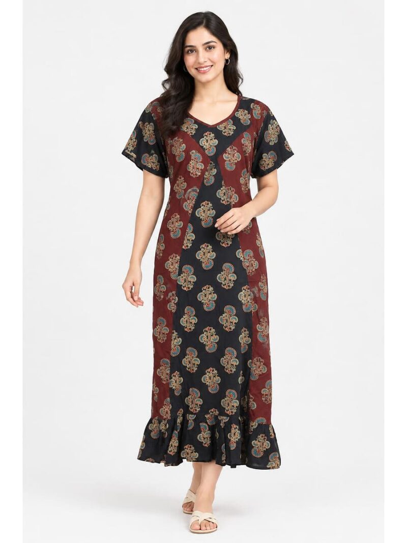 W-NY-627-01-MR-XXL_front Women's Cotton Ajrakh Frock Nighty – Red & Maroon