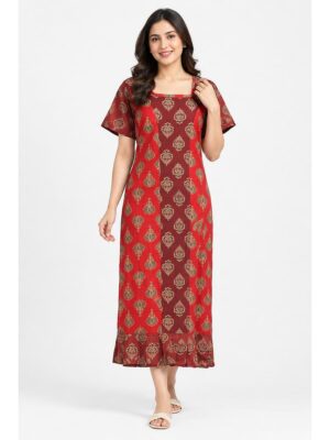 Women's Cotton Ajrakh Frock Nighty – Red & Maroon