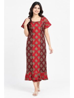 Women's Cotton Ajrakh Frock Nighty – Red & Maroon
