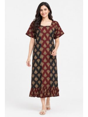 Women's Cotton Ajrakh Frock Nighty – Navy Blue & Maroon