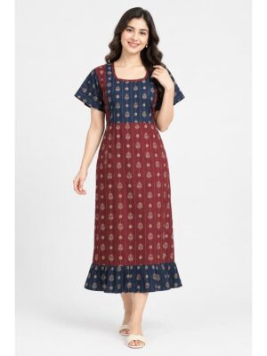 Women's Cotton Ajrakh Feeding Frock Nighty – Maroon