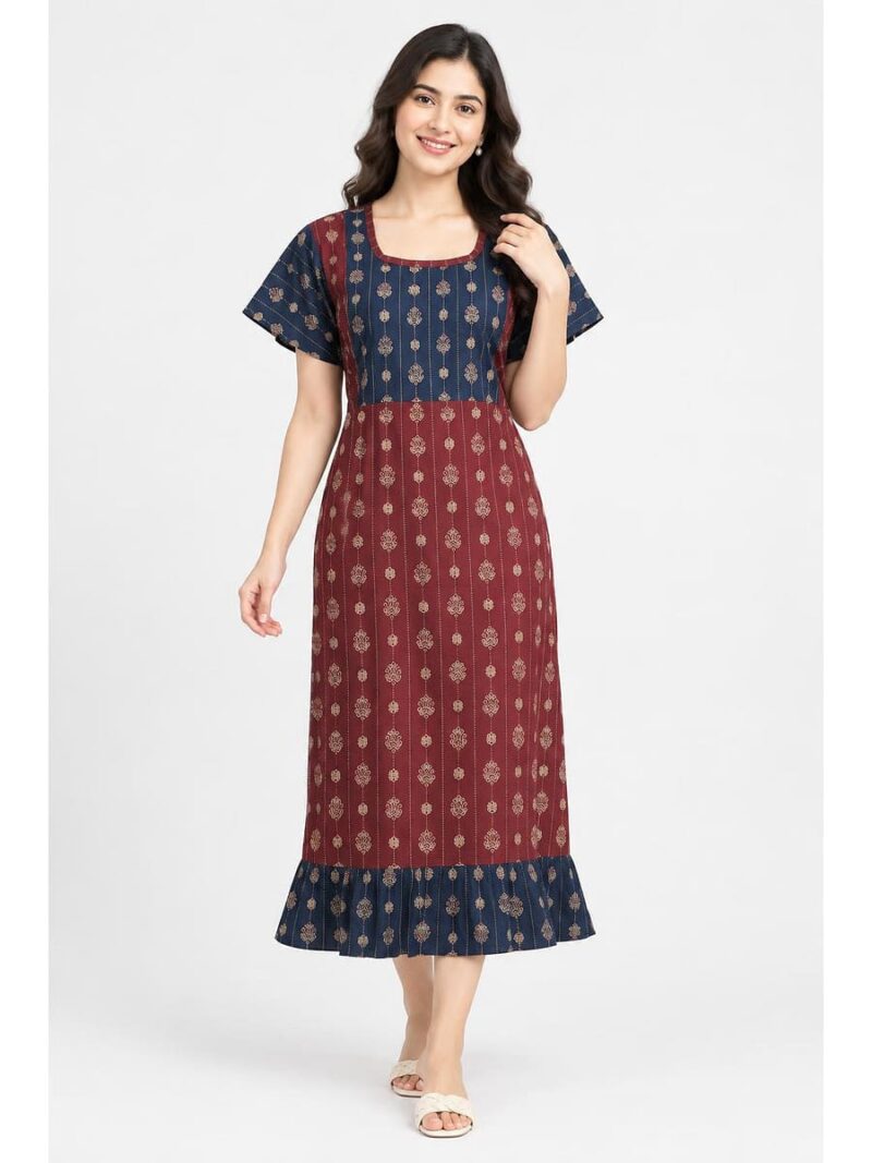 W-NY-628-01-MR-XL_front Women's Cotton Ajrakh Feeding Frock Nighty – Maroon