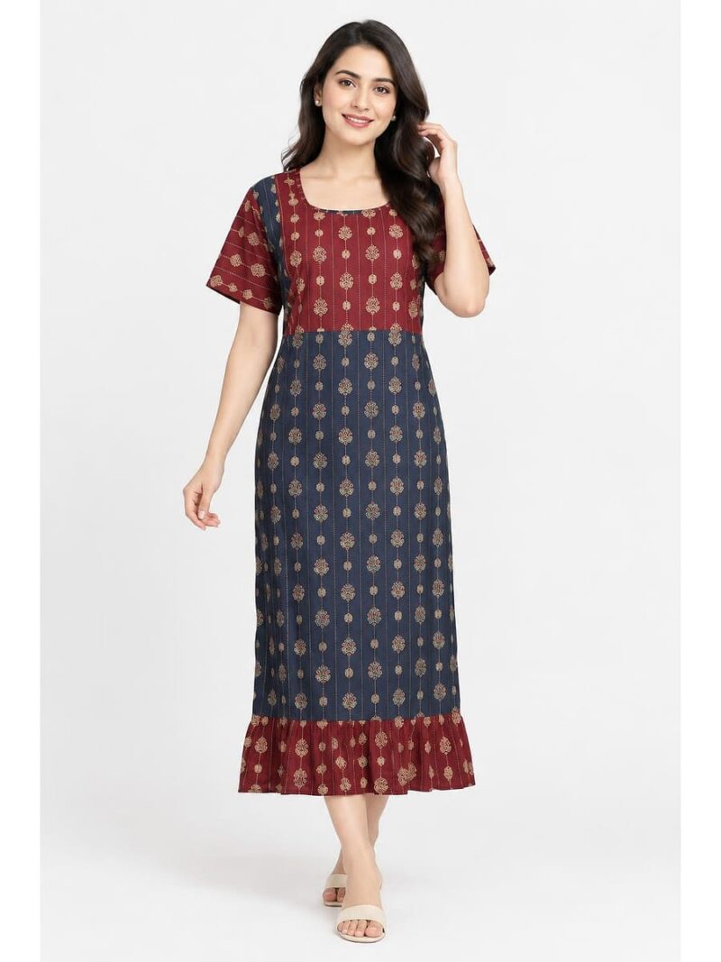 Women's Cotton Ajrakh Feeding Frock Nighty – Navy Blue