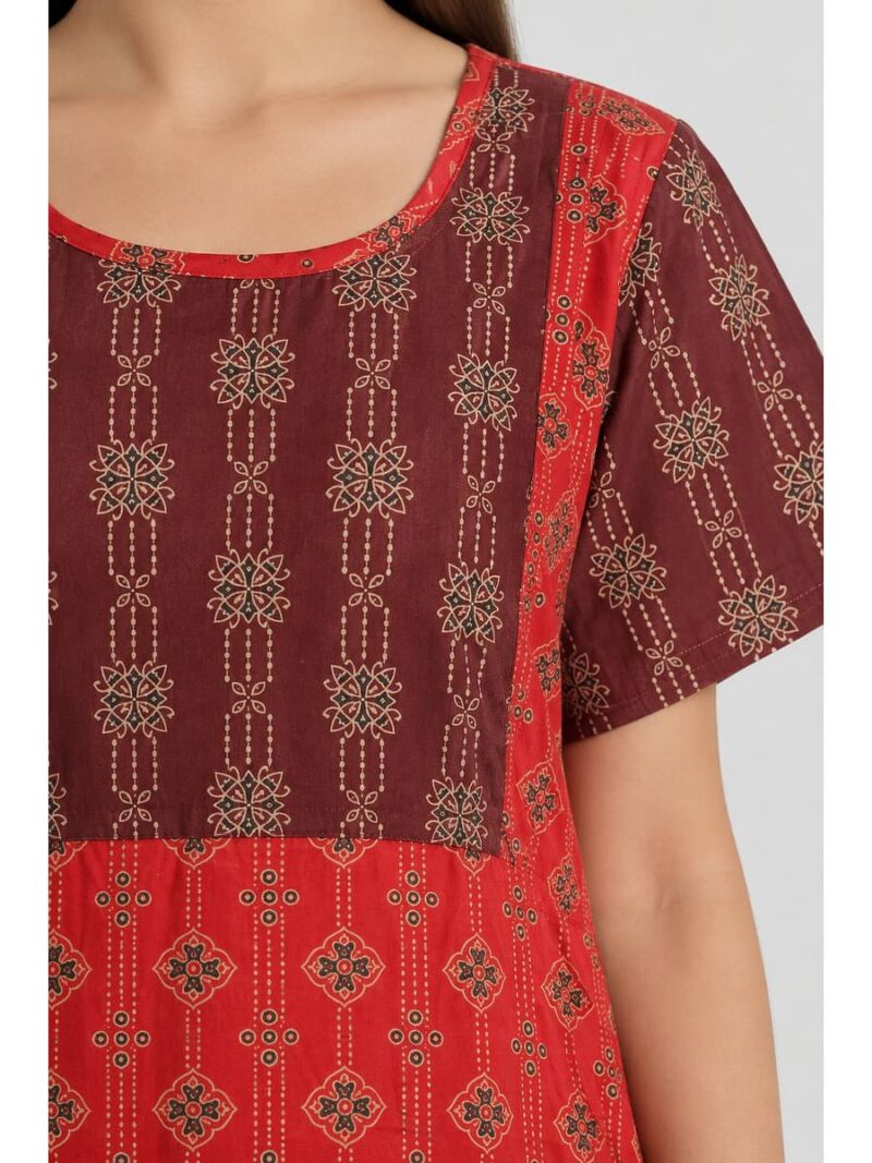 Women's Cotton Ajrakh Feeding Frock Nighty – Red