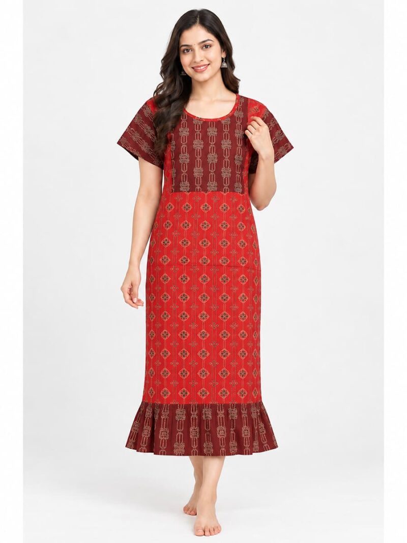 W-NY-628-03-RD-XXL_front Women's Cotton Ajrakh Feeding Frock Nighty – Red
