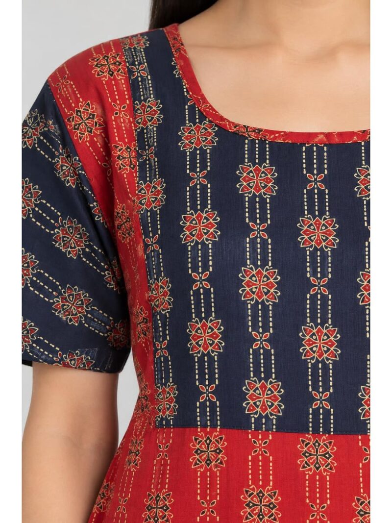 Women's Cotton Ajrakh Feeding Frock Nighty –Red