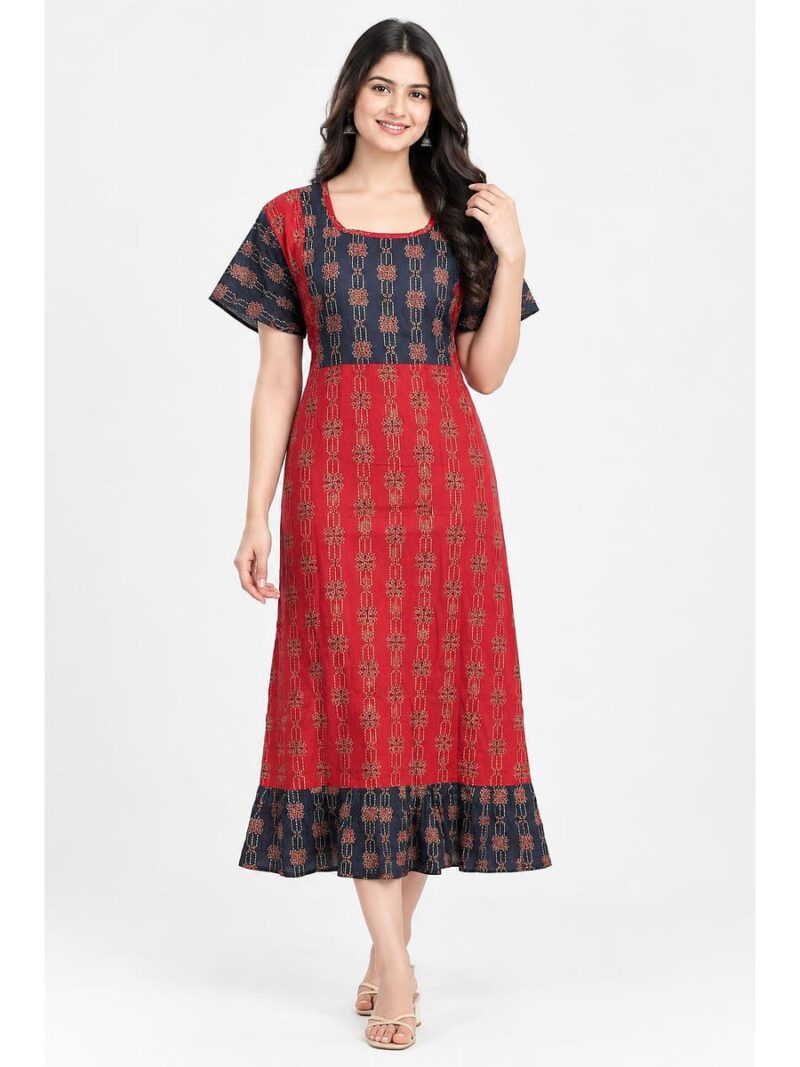 W-NY-628-05-RD-XXL_front Women's Cotton Ajrakh Feeding Frock Nighty –Red