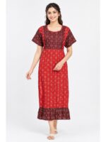 Women's Cotton Ajrakh Feeding Frock Nighty – Red