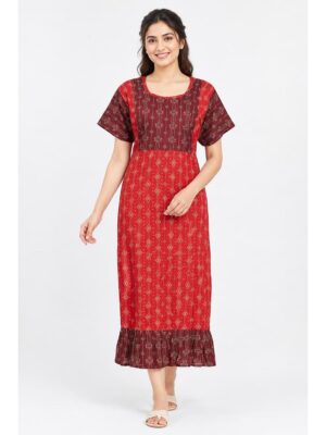 Women's Cotton Ajrakh Feeding Frock Nighty – Red