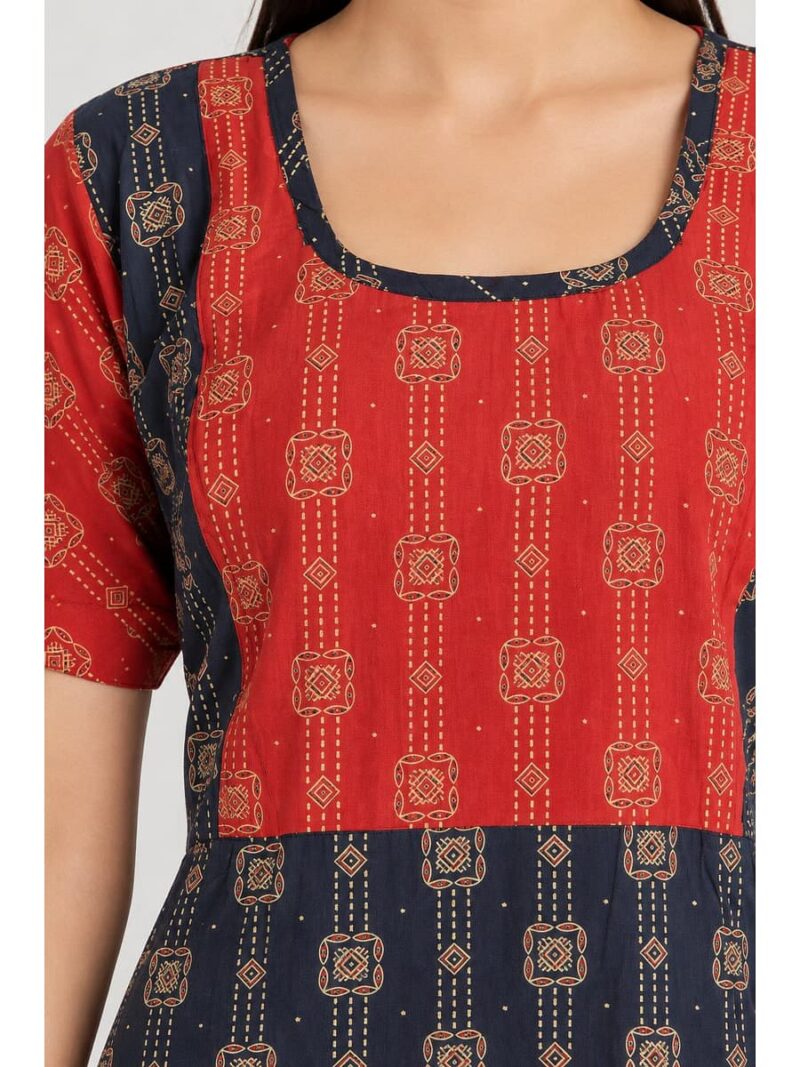 Women's Cotton Ajrakh Feeding Frock Nighty – Navy Blue