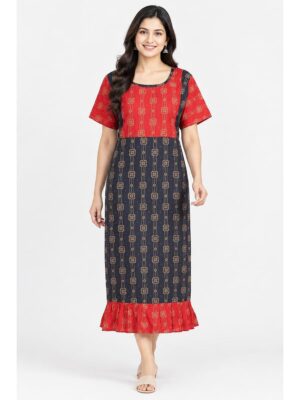 Women's Cotton Ajrakh Feeding Frock Nighty – Navy Blue