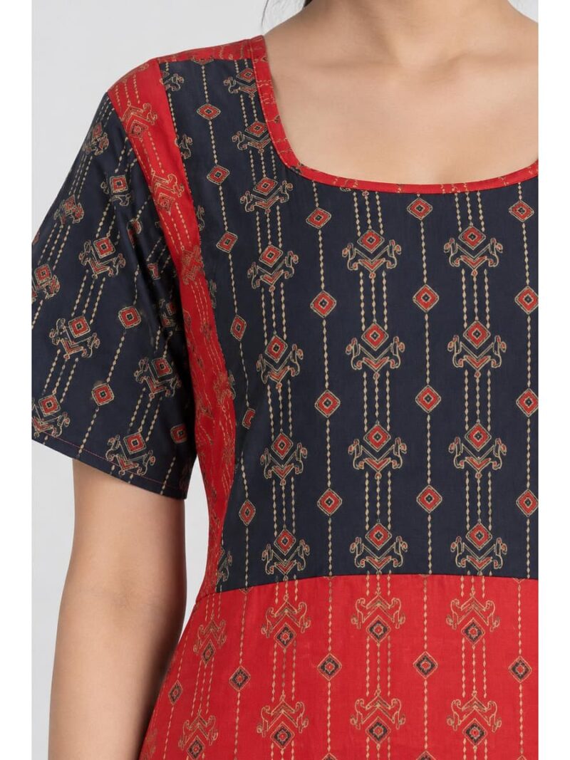 Women's Cotton Ajrakh Feeding Frock Nighty – Red
