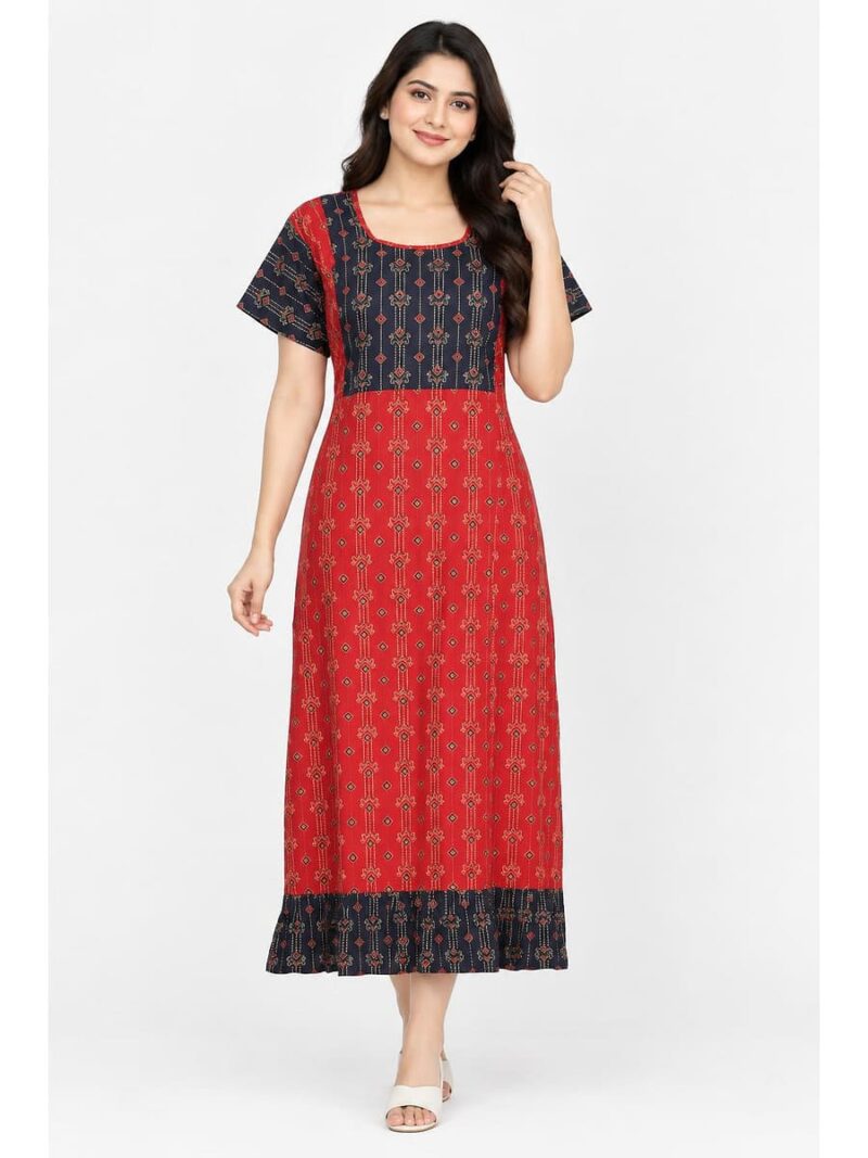 W-NY-628-09-RD-XXL_front Women's Cotton Ajrakh Feeding Frock Nighty – Red
