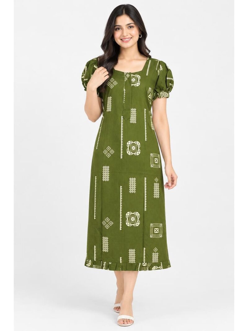 Women's Cotton Zip Frock Nighty - Olive Green