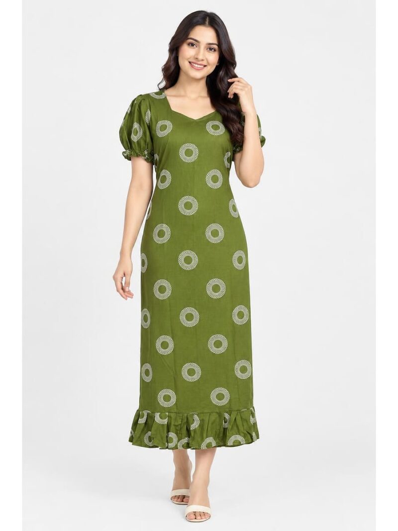 Women's Cotton Frock Nighty - Olive Green