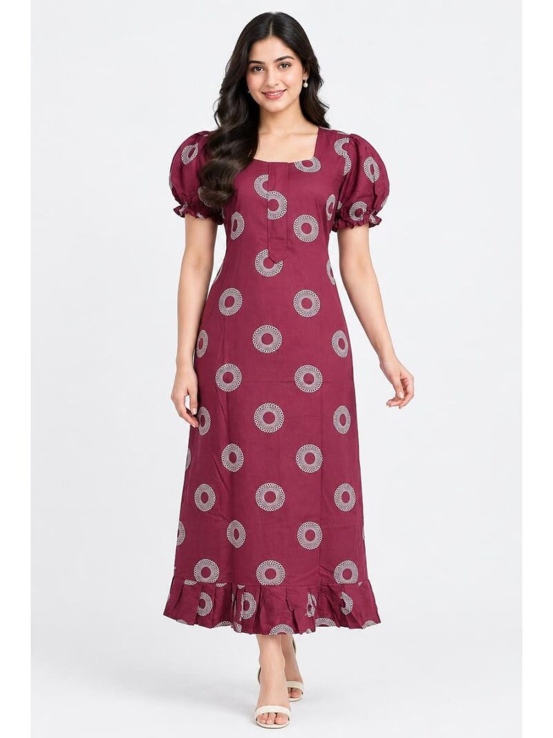 W-NY-636-17-PL-M_front Women's Cotton Zip Frock Nighty - Plum