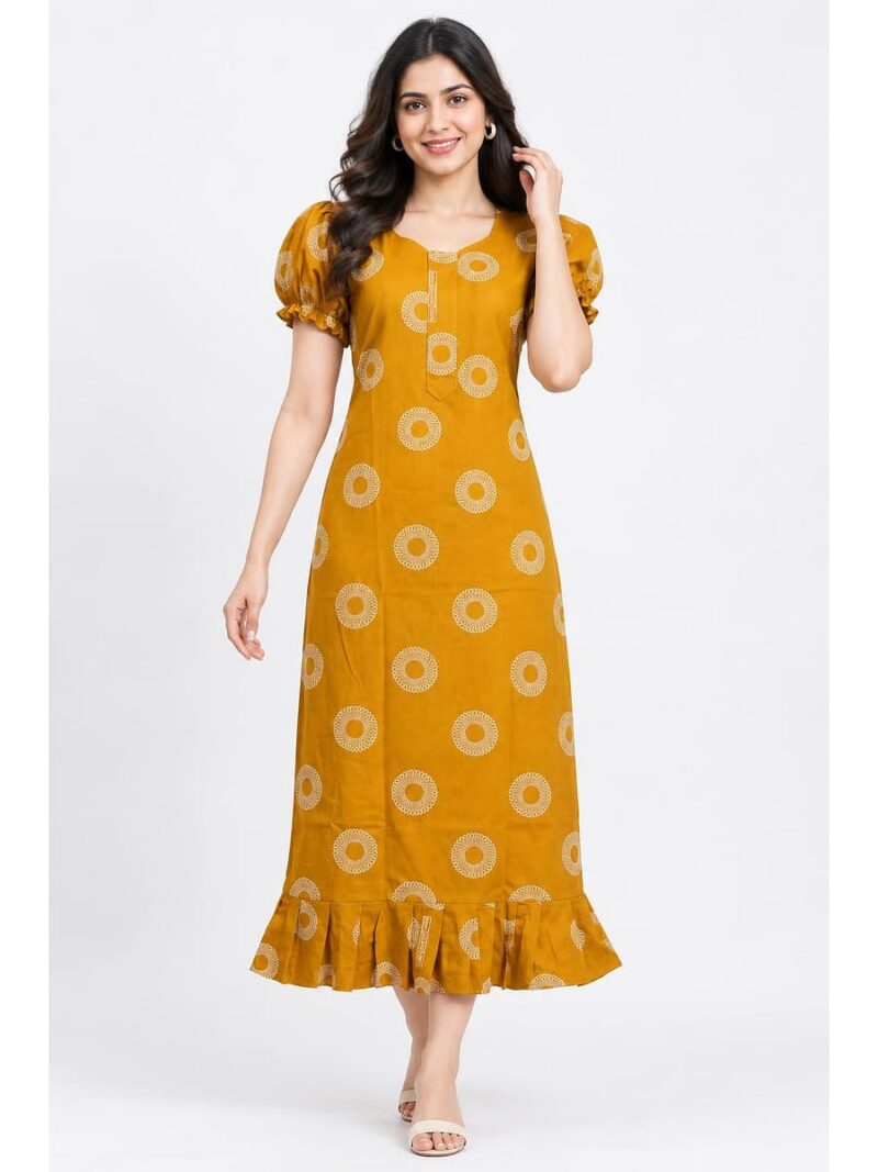 Women's Cotton Zip Frock Nighty - Yellow