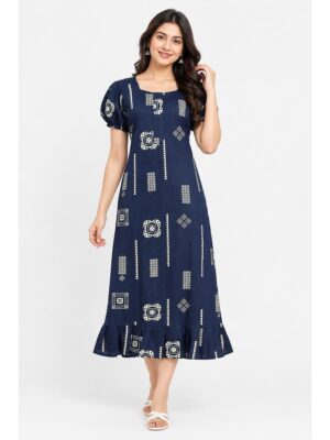 Women's Cotton Zip Frock Nighty - Navy Blue