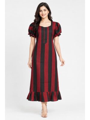Women's Cotton Zip Frock Nighty -Maroon & Black