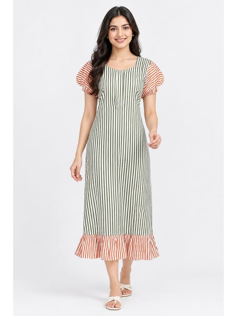 W-NY-636-25-OG-M_front Women's Cotton Zip Frock Nighty - Olive Green