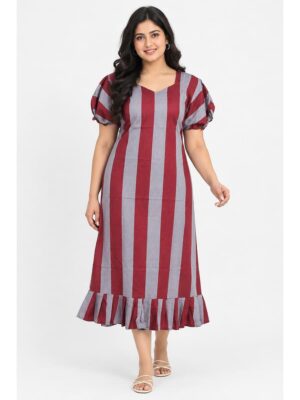 Women's Plus Size Cotton Frock Nighty -Maroon & Grey