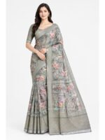 W-SR-548-02- GY-F Women's Linen Cotton Floral Printed Saree – Grey
