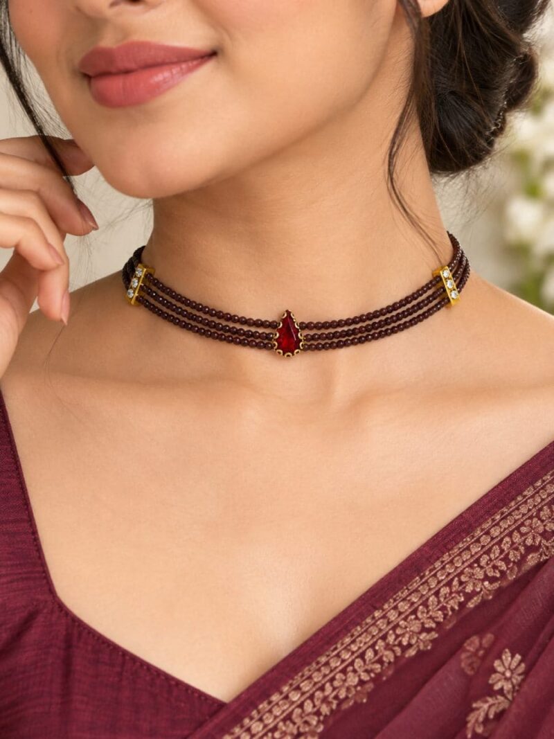 WJ-WP-NK01-MR-01 (1) Women's Crystal Beaded Choker Necklace – Maroon